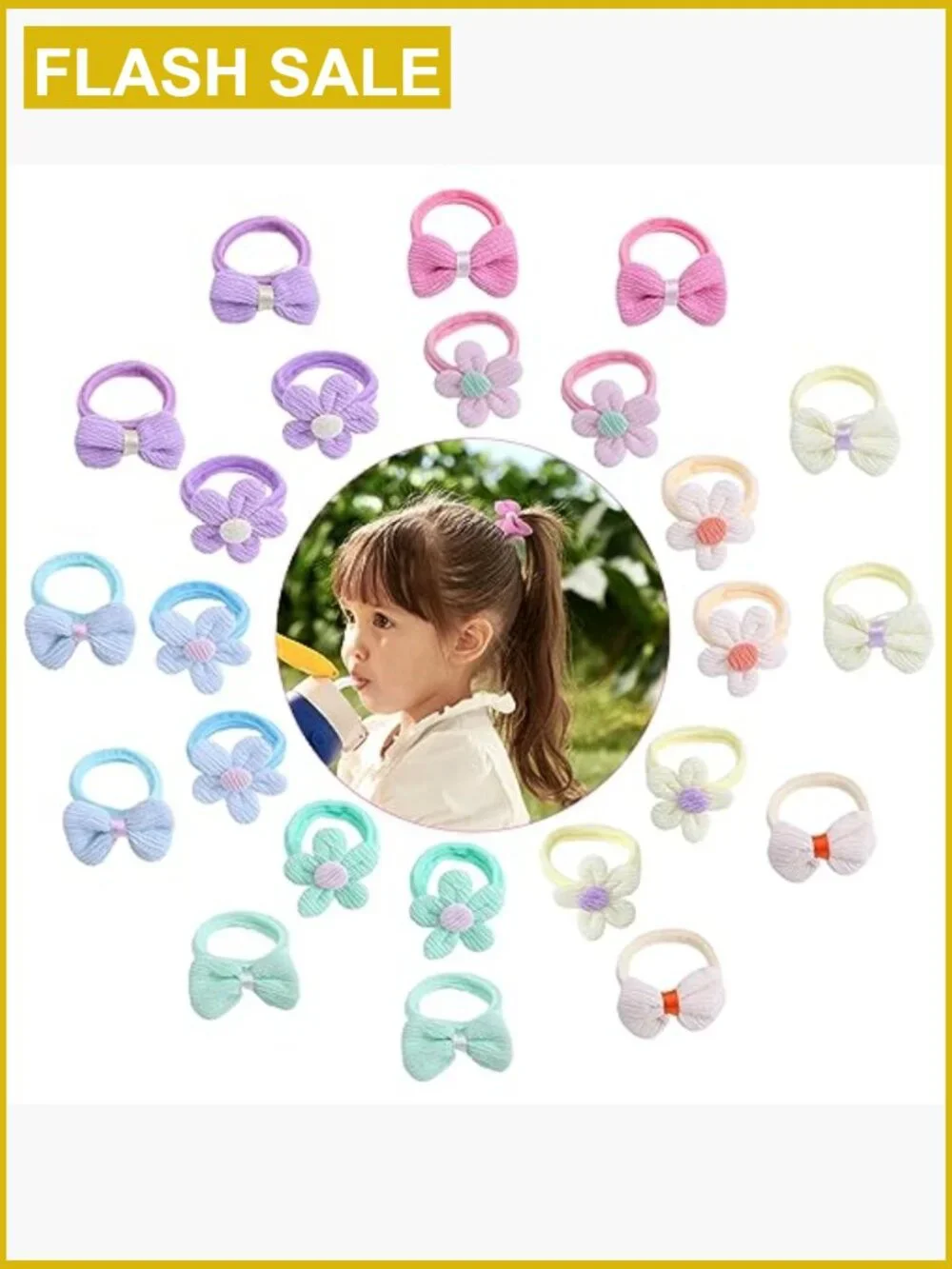 24 Seamless Elastic Hair Ties for Toddler Girls, Flower & Bow Scrunchies